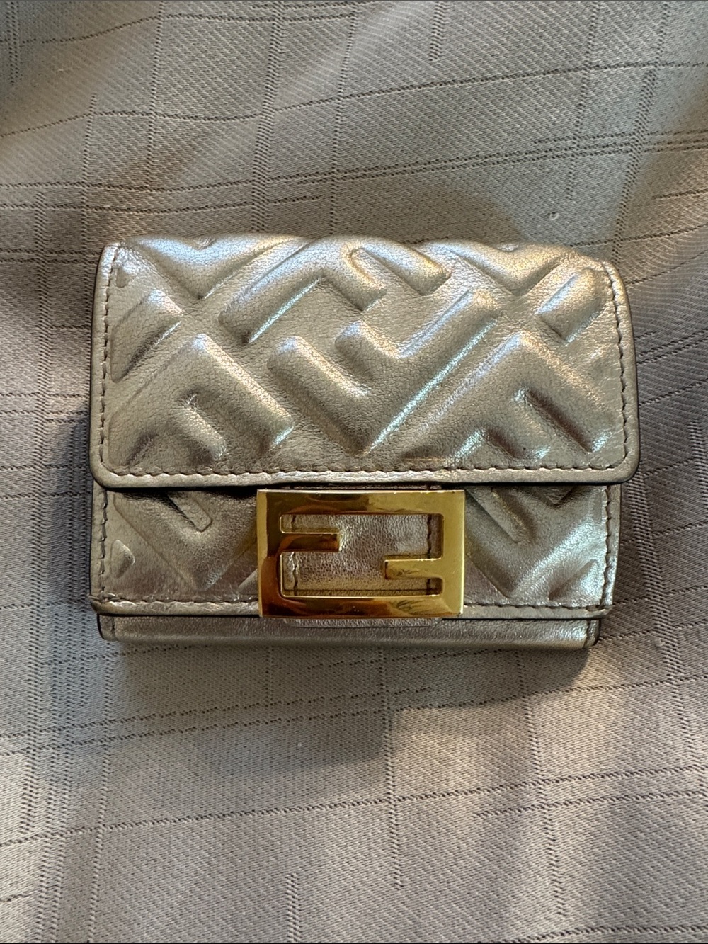 Fendi Metallic Silver Quilted Mini Tri-Fold Wallet with Gold-Tone Clasp